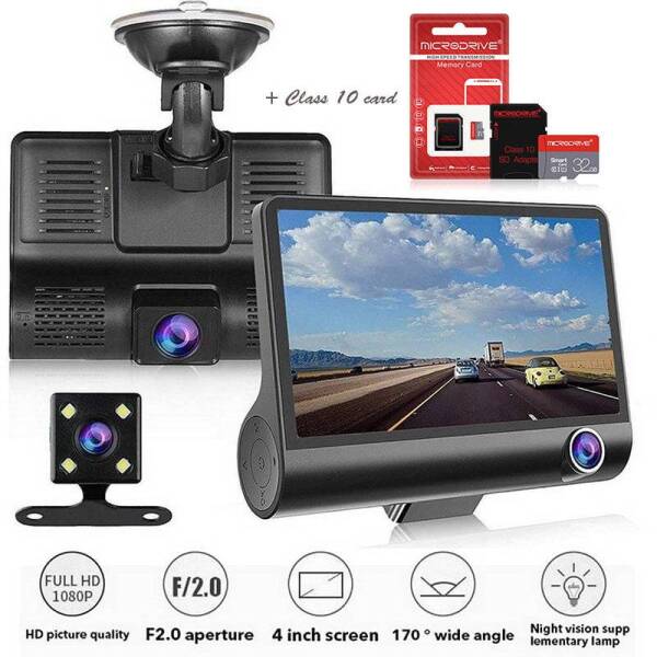 Camara de registro DVR para coches de 3 Lentes + Tarjeta de memoria Clase 10 de 32 GB