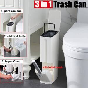 3 in 1 Bathroom Waste Bin with Lid + Toilet Brush + Waste Bag Storage Home & Garden