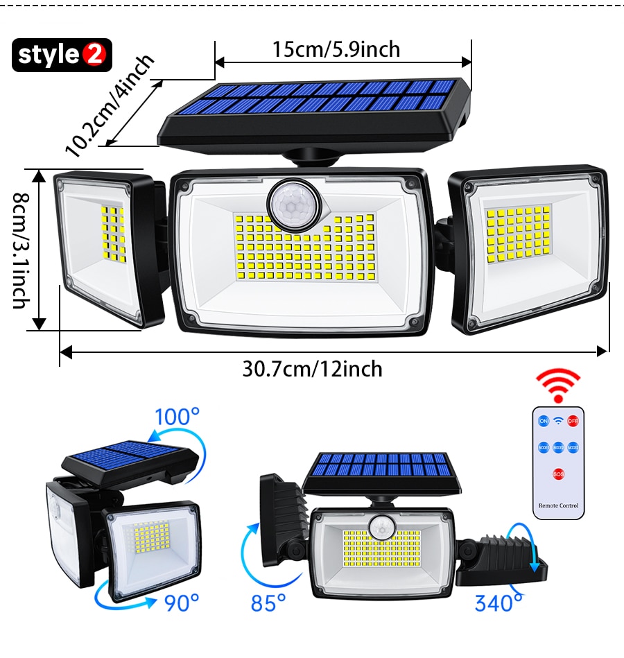 Waterproof Outdoor Adjustable Security Solar Lights with 3 Heads and 3 Wireless Motion Sensor Modes