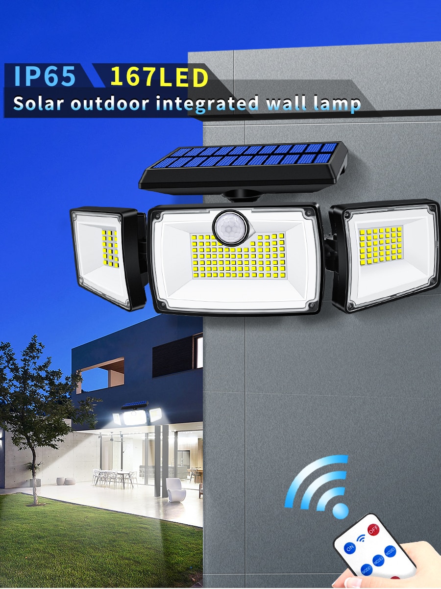 Waterproof Outdoor Adjustable Security Solar Lights with 3 Heads and 3 Wireless Motion Sensor Modes