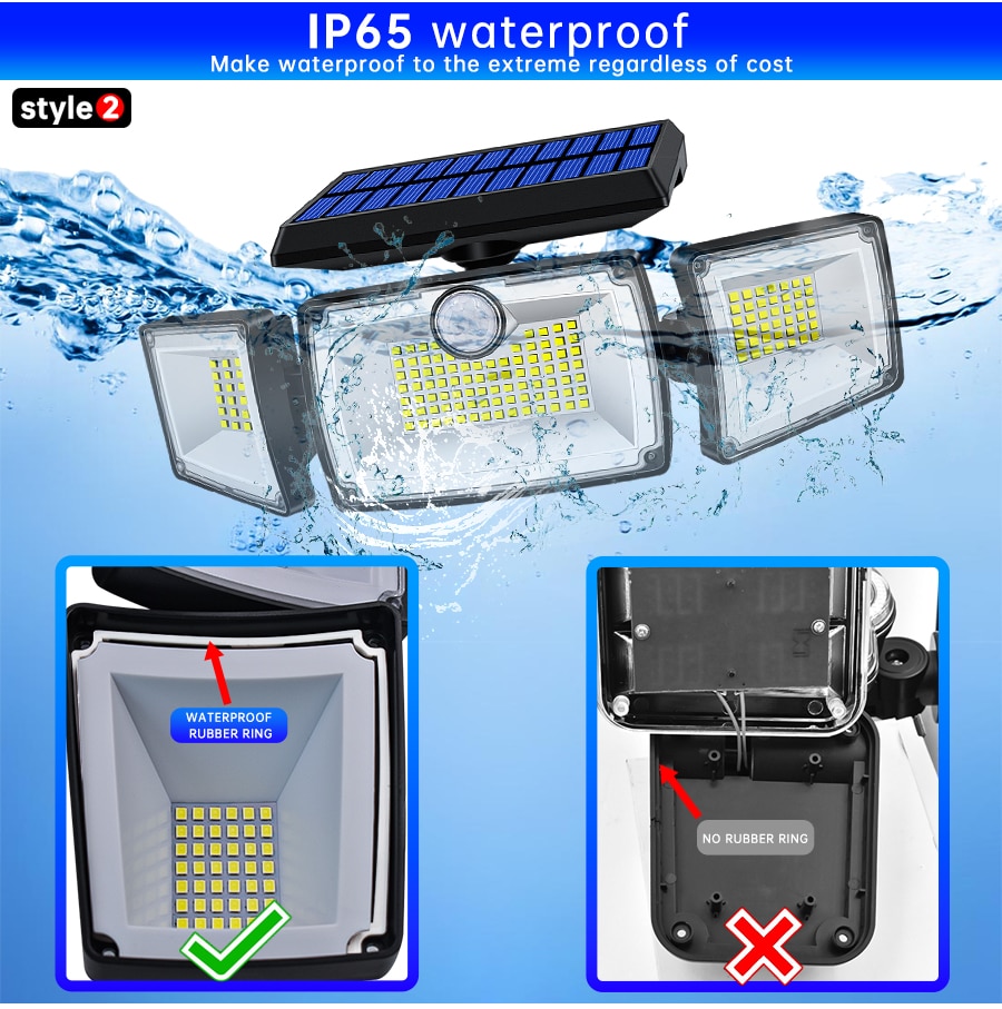 Waterproof Outdoor Adjustable Security Solar Lights with 3 Heads and 3 Wireless Motion Sensor Modes