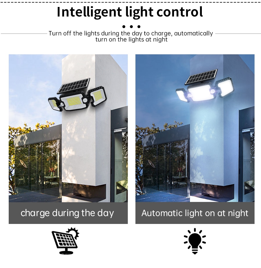 Waterproof Outdoor Adjustable Security Solar Lights with 3 Heads and 3 Wireless Motion Sensor Modes