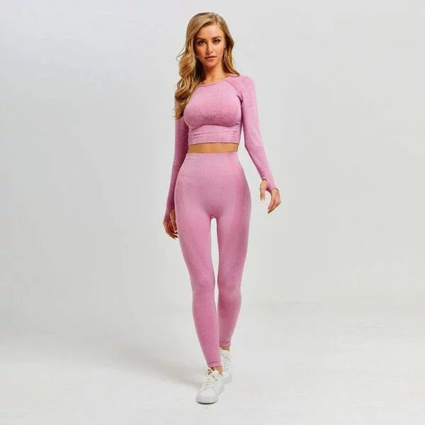 Mujeres Vitales Sin costuras Yoga Set Gym Ropa Fitness Leggings+Cropped Camisas Traje Deportivo Mujeres Manga Larga Tracksuit Active Wear Activewear Yoga Gym Wear Sport & Fitness