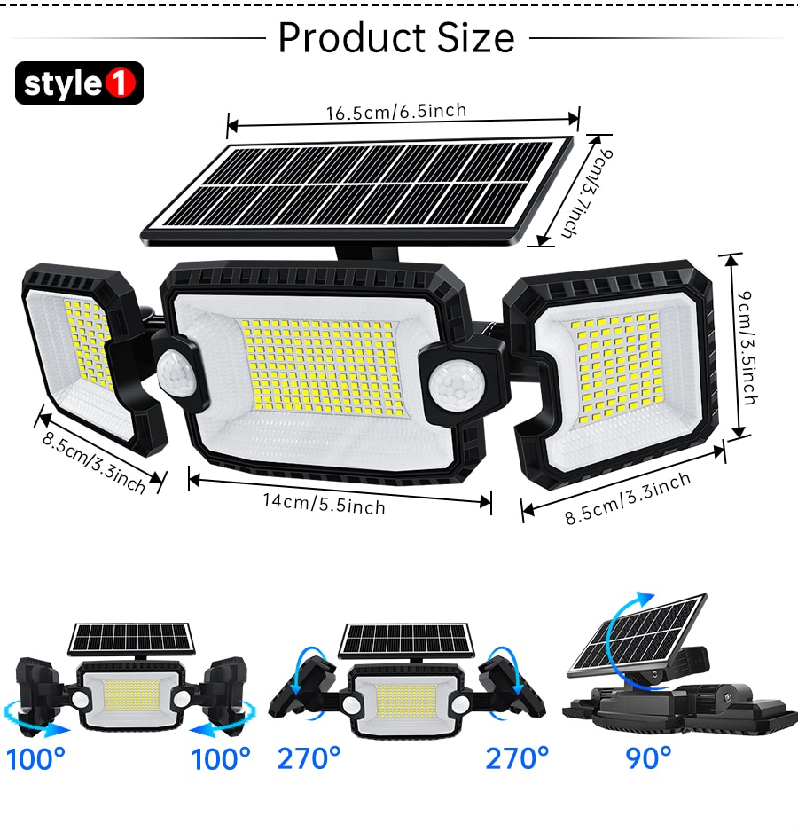 Waterproof Outdoor Adjustable Security Solar Lights with 3 Heads and 3 Wireless Motion Sensor Modes