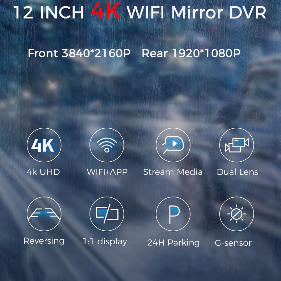 4K Dual Car Camera Video Recorder with Park Assist Monitor + WIFI and GPS